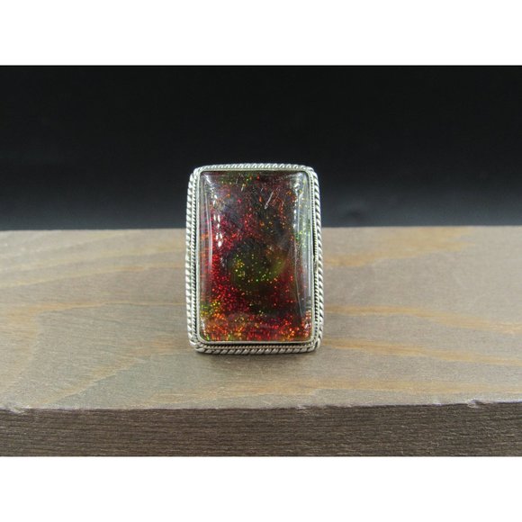 Jewelry - Size 4.5 Sterling Silver Large Handmade Glass Resin Band Ring Vintage Statement